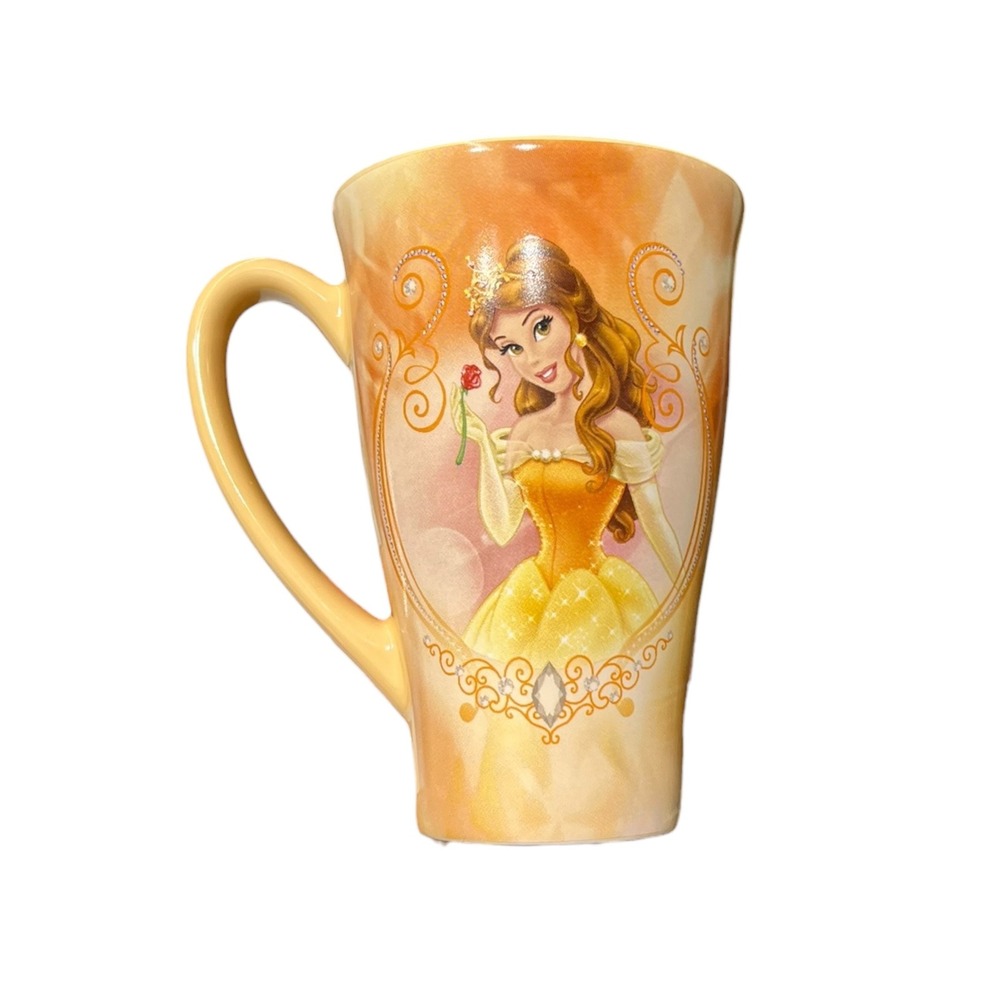 Disney Princess Belle Tall Mug‎ Orange Yellow Gold Swirl Crown Rose